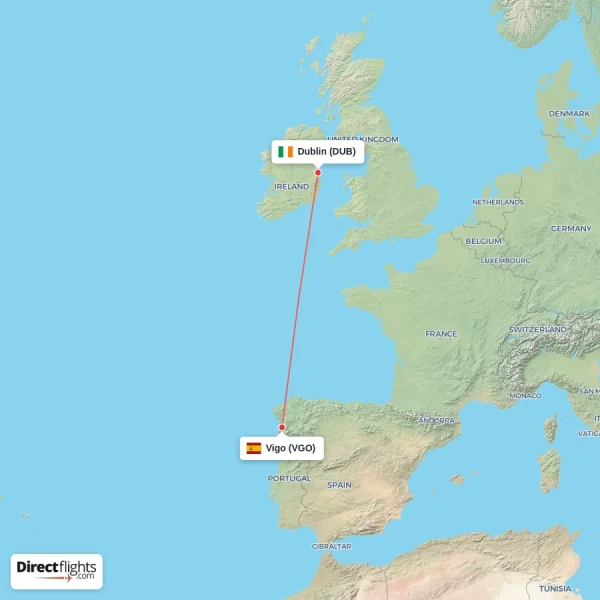 Dublin - Vigo direct flight map