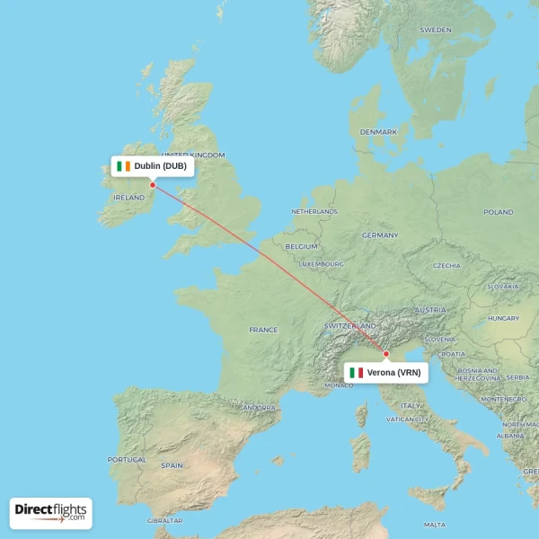 Dublin - Verona direct flight map