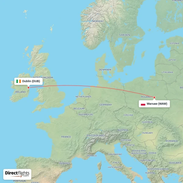 Dublin - Warsaw direct flight map