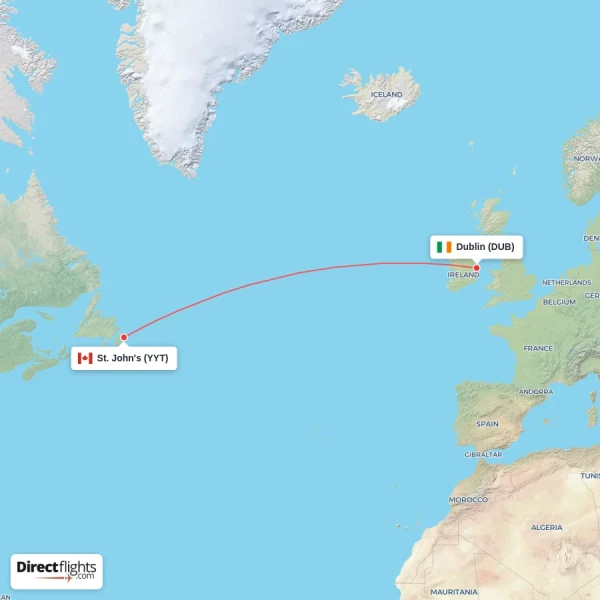 Dublin - St. John's direct flight map