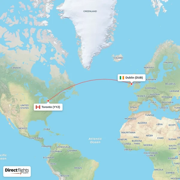 Dublin - Toronto direct flight map