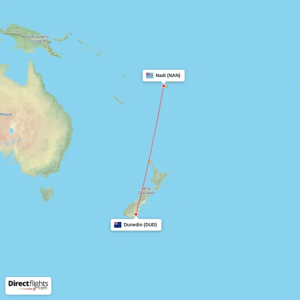 Dunedin - Nadi direct flight map