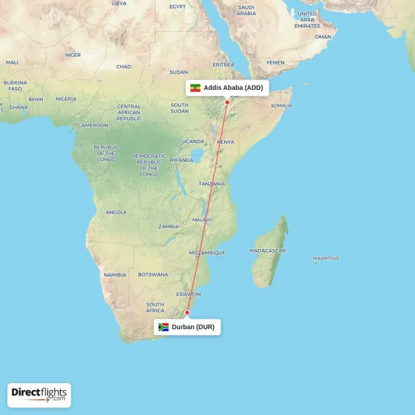 Durban - Addis Ababa direct flight map