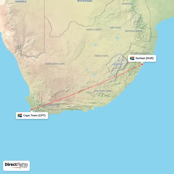 Durban - Cape Town direct flight map