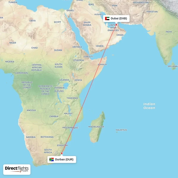 Durban - Dubai direct flight map