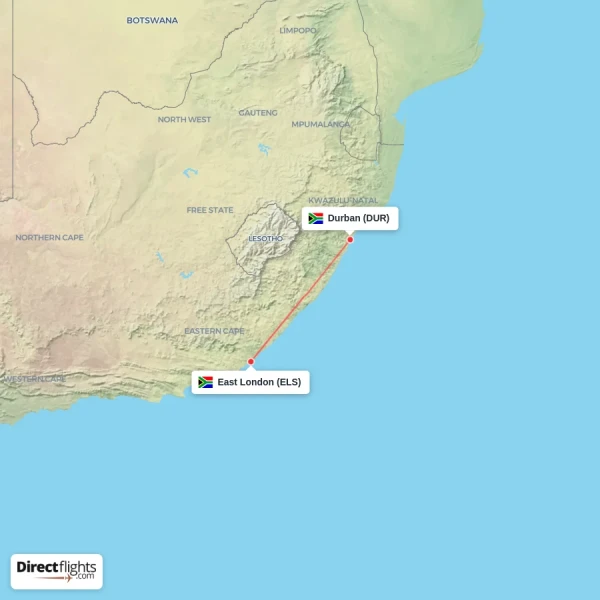 Durban - East London direct flight map