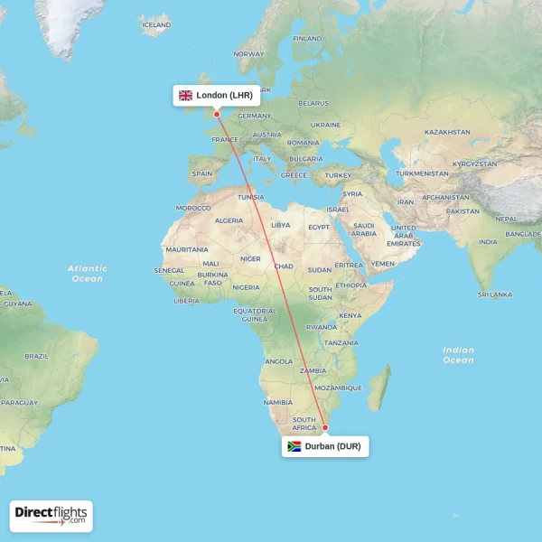 Durban - London direct flight map