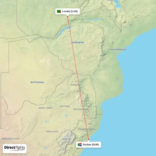 Durban - Lusaka direct flight map