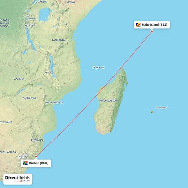 Durban - Mahe Island direct flight map
