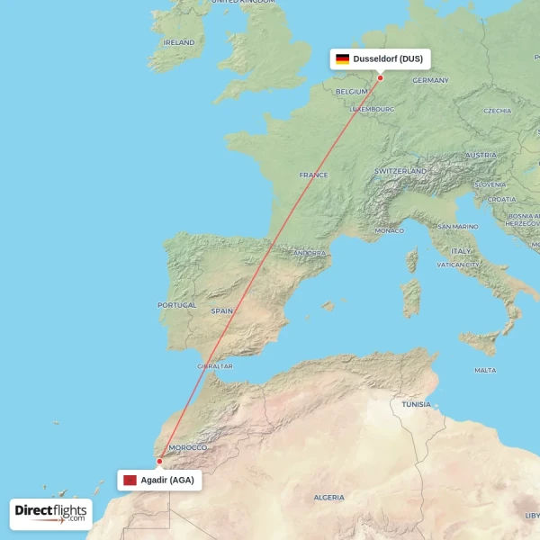 Dusseldorf - Agadir direct flight map