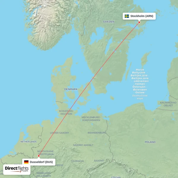 Dusseldorf - Stockholm direct flight map