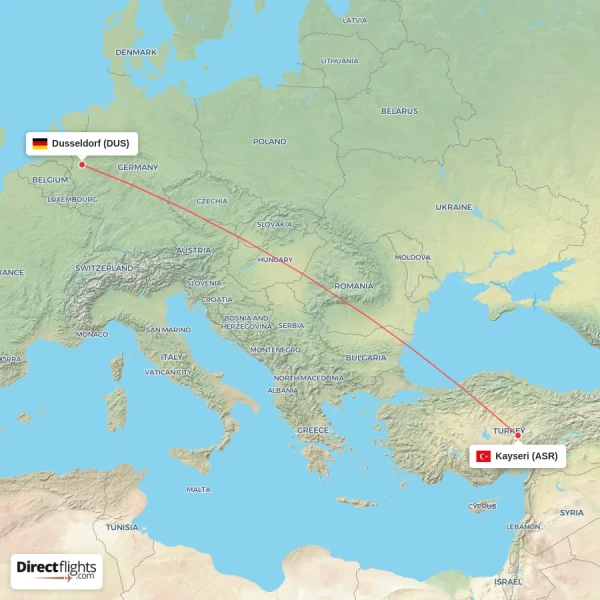 Dusseldorf - Kayseri direct flight map