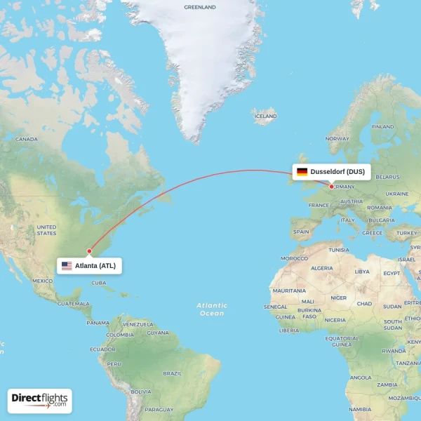 Dusseldorf - Atlanta direct flight map