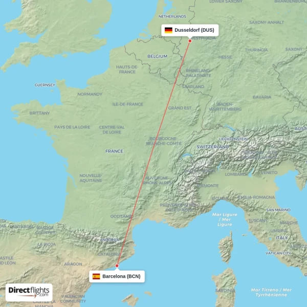 Dusseldorf - Barcelona direct flight map