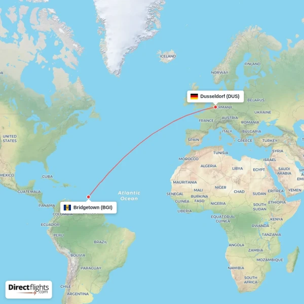 Dusseldorf - Bridgetown direct flight map