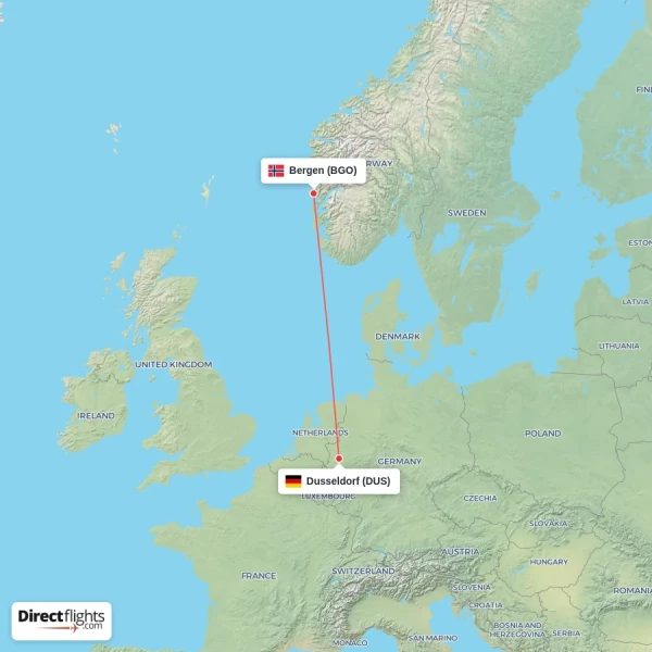 Dusseldorf - Bergen direct flight map