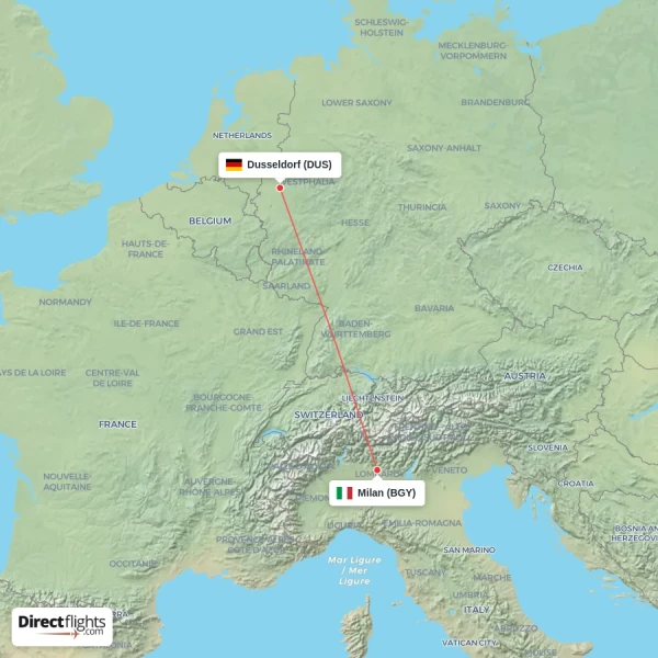 Dusseldorf - Milan direct flight map
