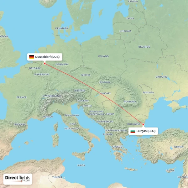 Dusseldorf - Burgas direct flight map