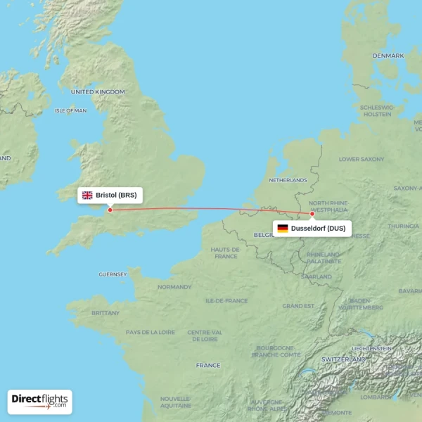 Dusseldorf - Bristol direct flight map