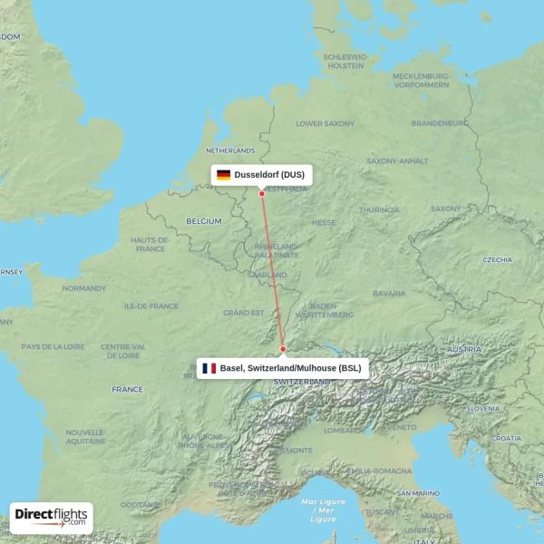 Dusseldorf - Basel, Switzerland/Mulhouse direct flight map