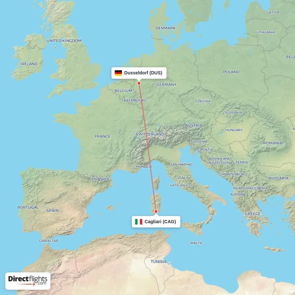 Dusseldorf - Cagliari direct flight map