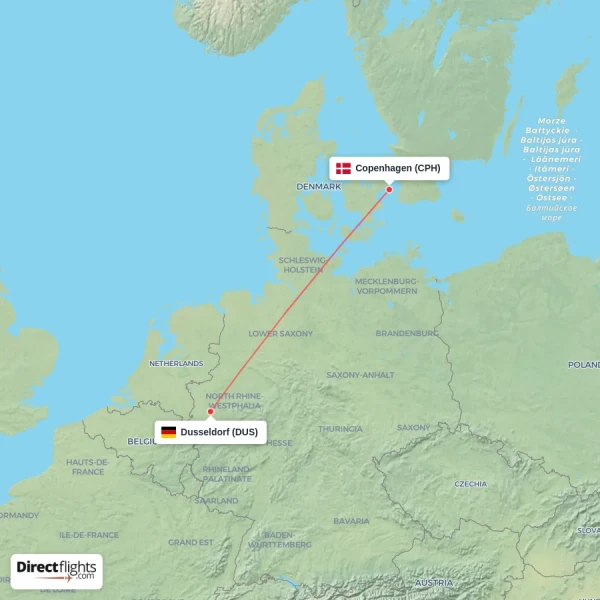 Dusseldorf - Copenhagen direct flight map