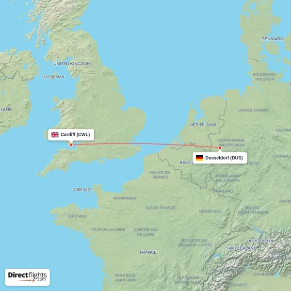 Dusseldorf - Cardiff direct flight map