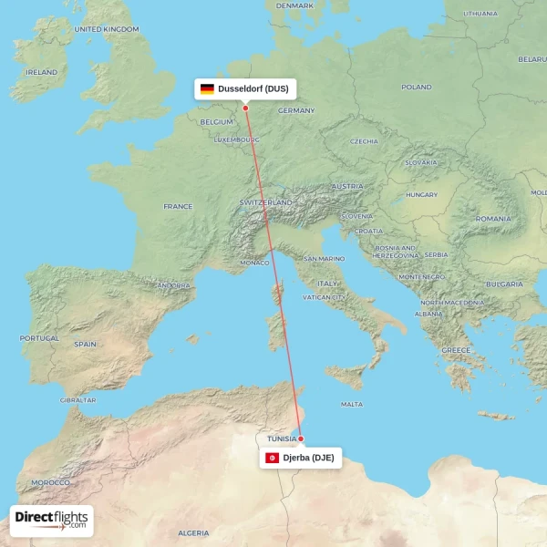Dusseldorf - Djerba direct flight map