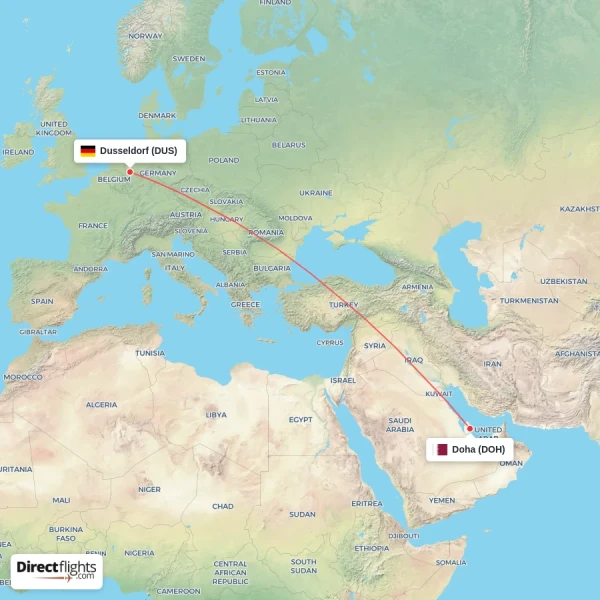 Dusseldorf - Doha direct flight map