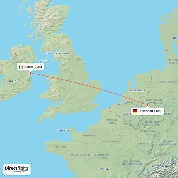 Dusseldorf - Dublin direct flight map
