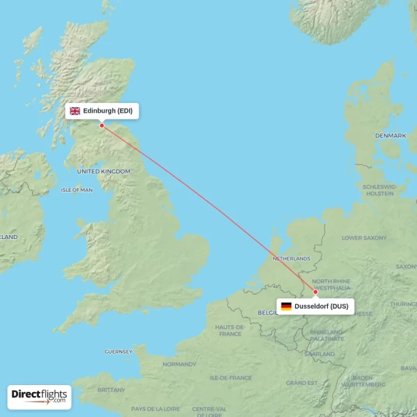 Dusseldorf - Edinburgh direct flight map