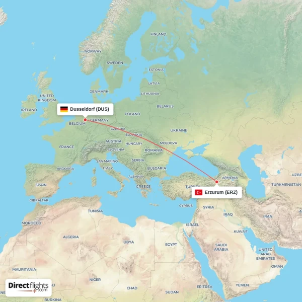Dusseldorf - Erzurum direct flight map