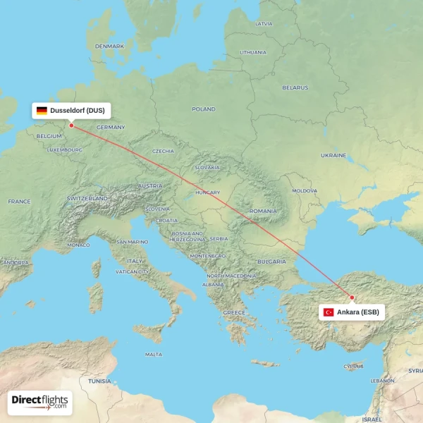 Dusseldorf - Ankara direct flight map