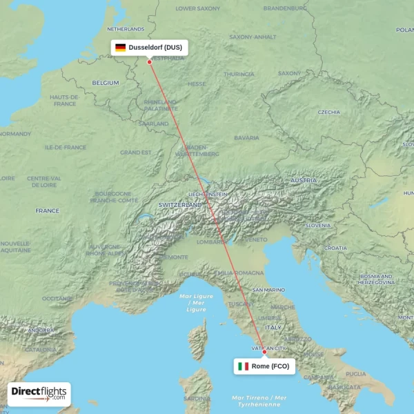 Dusseldorf - Rome direct flight map