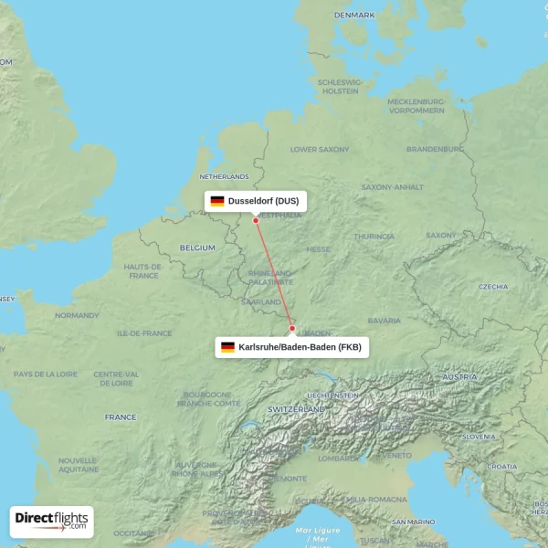 Dusseldorf - Karlsruhe/Baden-Baden direct flight map