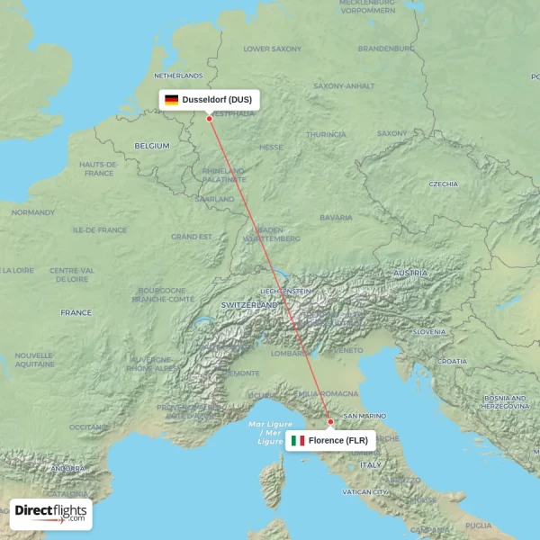 Dusseldorf - Florence direct flight map