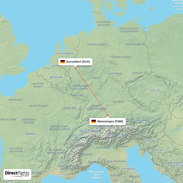 Dusseldorf - Memmingen direct flight map