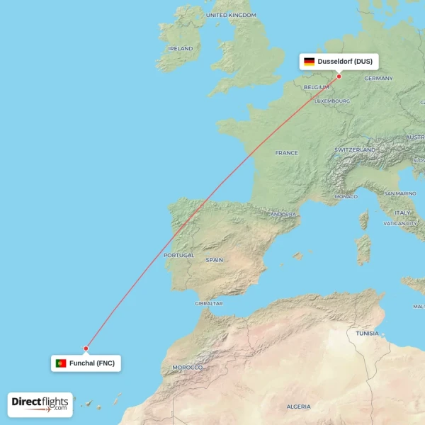 Dusseldorf - Funchal direct flight map