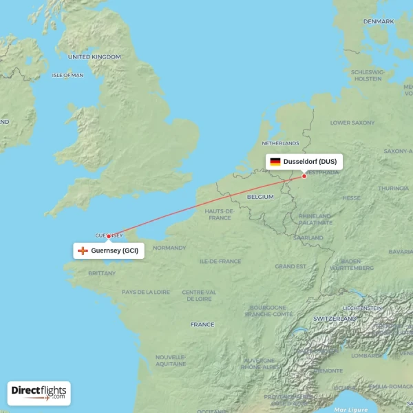 Dusseldorf - Guernsey direct flight map