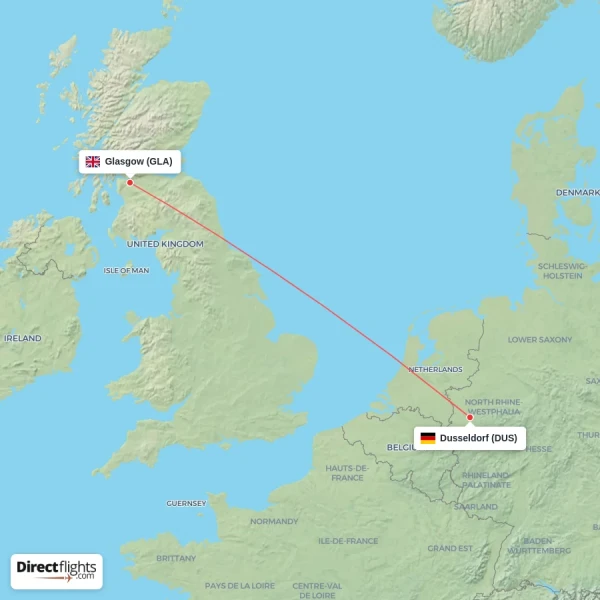 Dusseldorf - Glasgow direct flight map