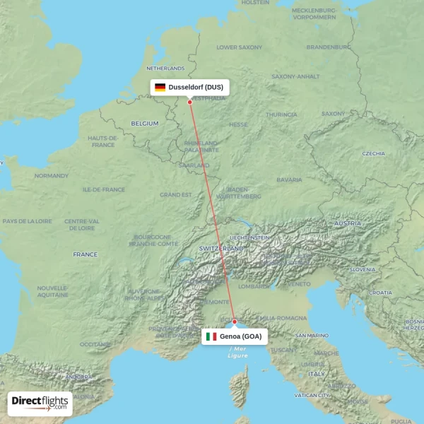 Dusseldorf - Genoa direct flight map