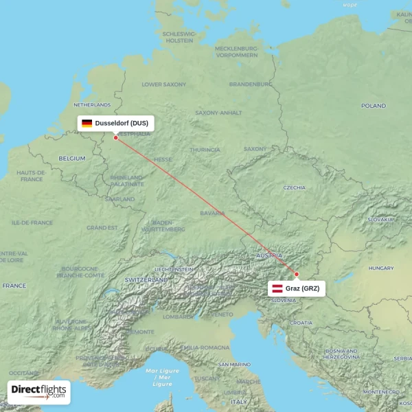 Dusseldorf - Graz direct flight map