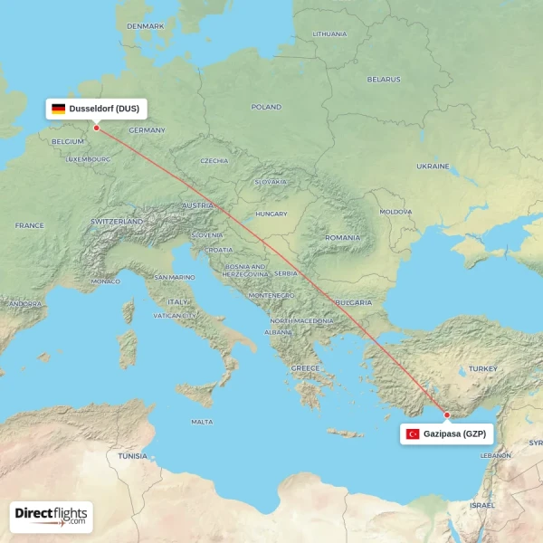 Dusseldorf - Gazipasa direct flight map