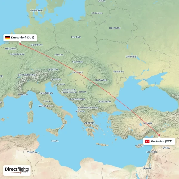 Dusseldorf - Gaziantep direct flight map
