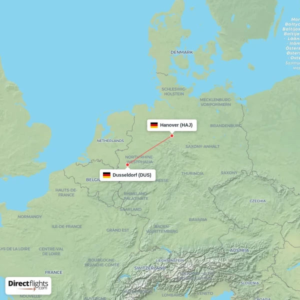 Dusseldorf - Hanover direct flight map