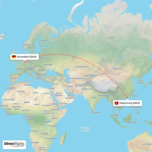 Dusseldorf - Hong Kong direct flight map