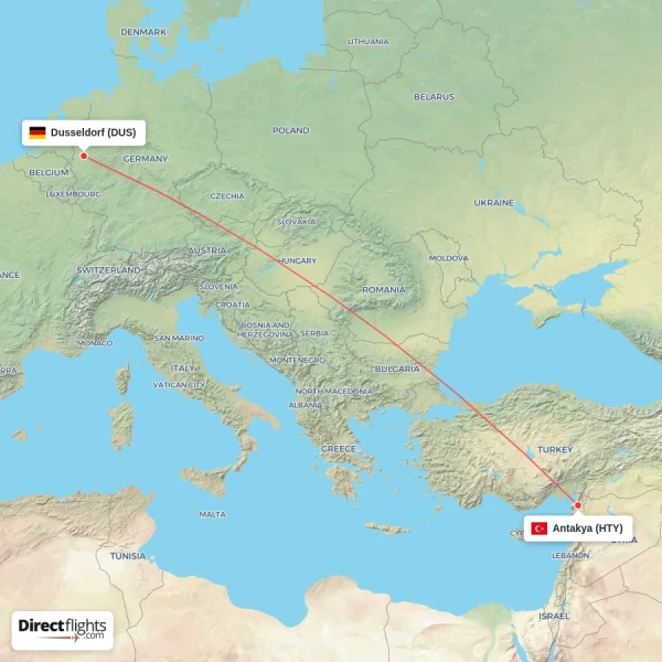 Dusseldorf - Antakya direct flight map
