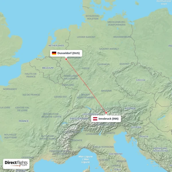 Dusseldorf - Innsbruck direct flight map