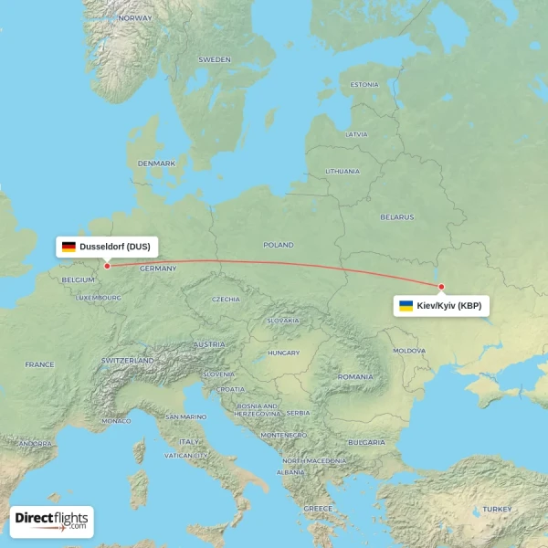 Dusseldorf - Kiev/Kyiv direct flight map