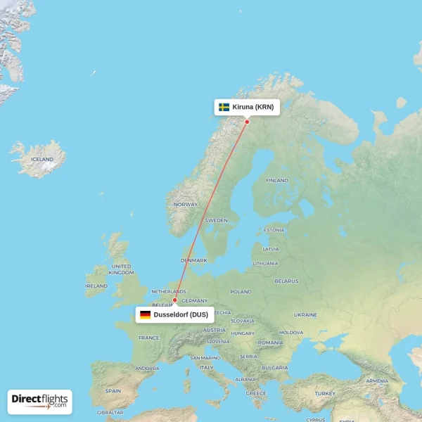 Dusseldorf - Kiruna direct flight map